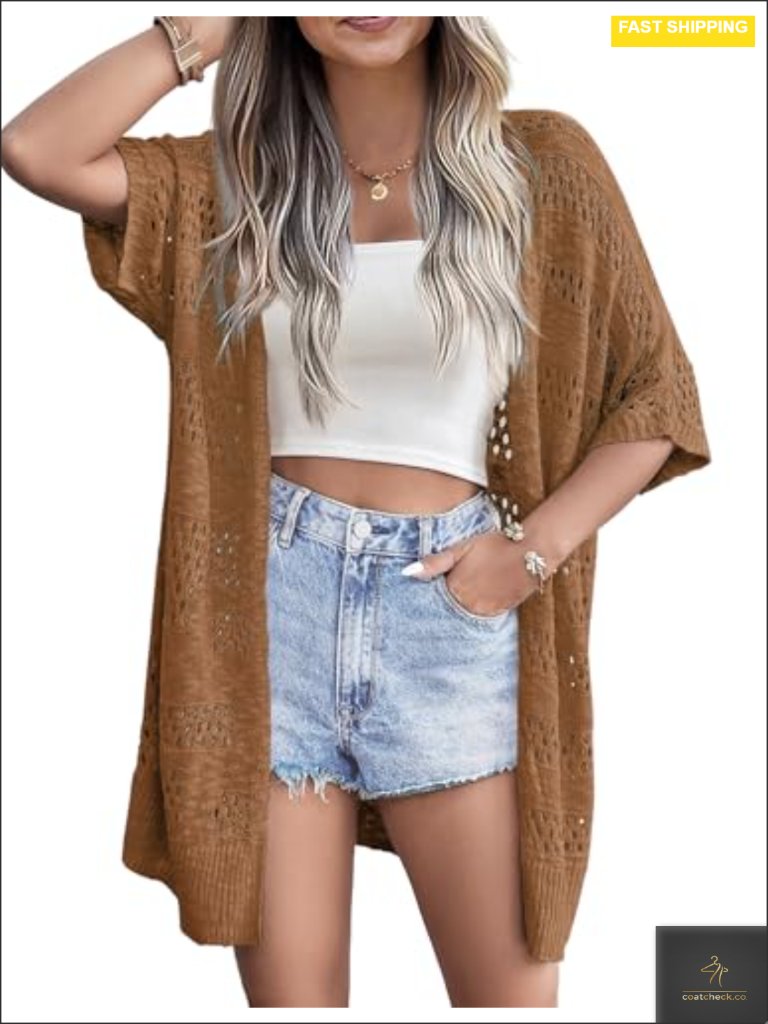 Lightweight Crochet Open Front Cardigan Short Sleeve Boho Knit Kimono